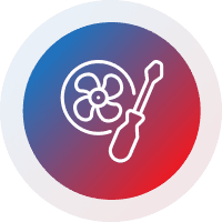 Icon of a screwdriver and fan blade inside a red and blue circular gradient.