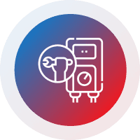 Icon of a chatbot with a wrench symbol inside a circular gradient background.