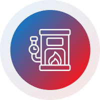 Icon of a gas heater with flame inside, set on a red and blue circular gradient background.