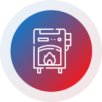 Icon of a heating stove with fire inside, set in a circular gradient background.