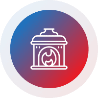 Icon of a fireplace with flames inside, surrounded by a circular blue and red gradient.