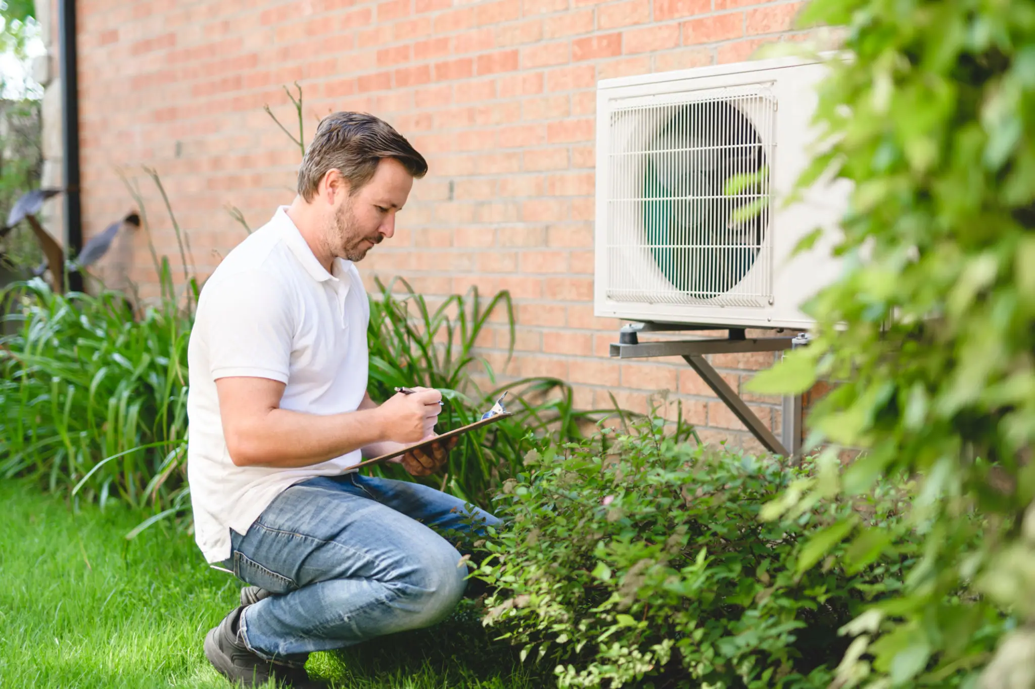 Man inspecting plants near an outdoor air conditioning unit.