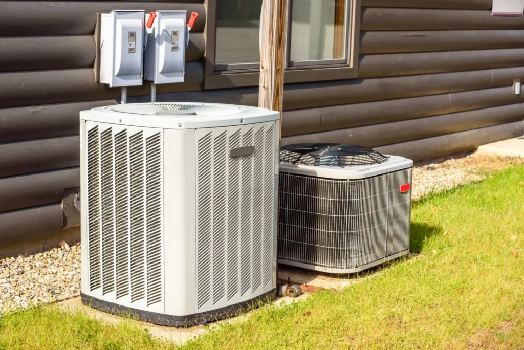 Two outdoor air conditioning units beside a log cabin.