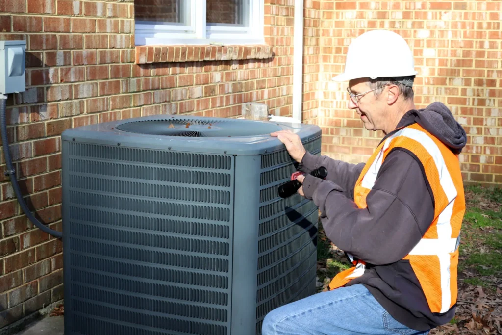 Technician inspecting an HVAC unit outdoors.