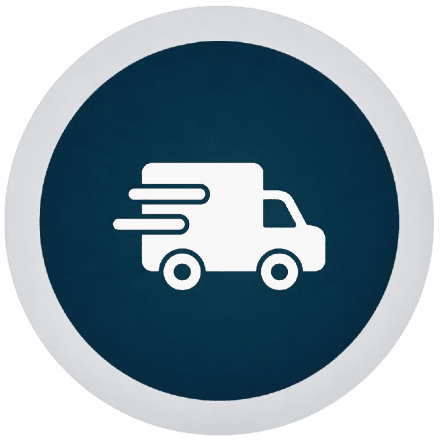 White delivery truck icon on a dark circular background.