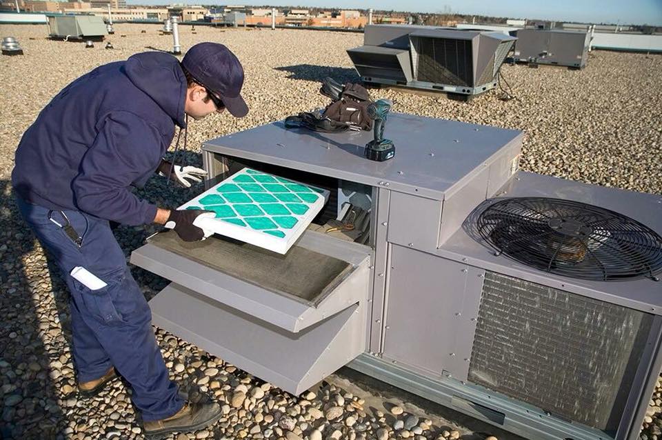 HVAC technician replacing an air filter on a commercial rooftop HVAC unit in Edgewater MD.