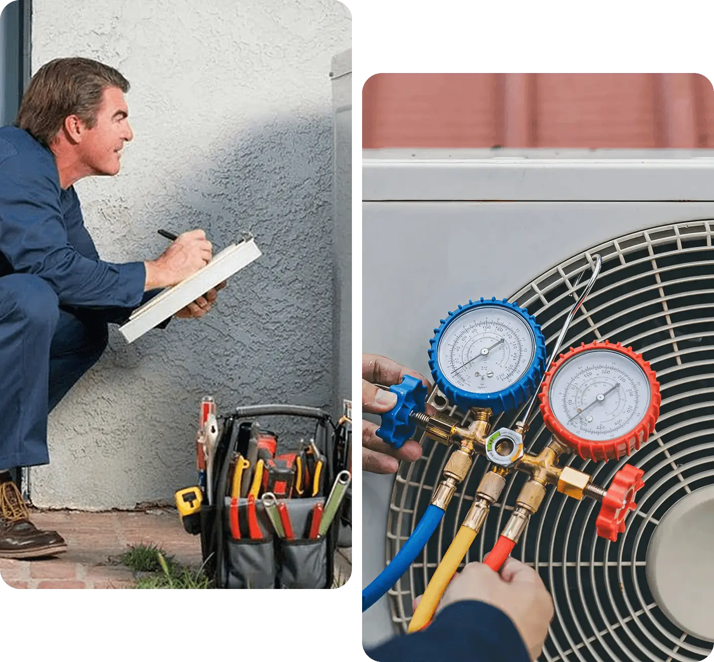 Technician inspecting HVAC system with gauges and tools.