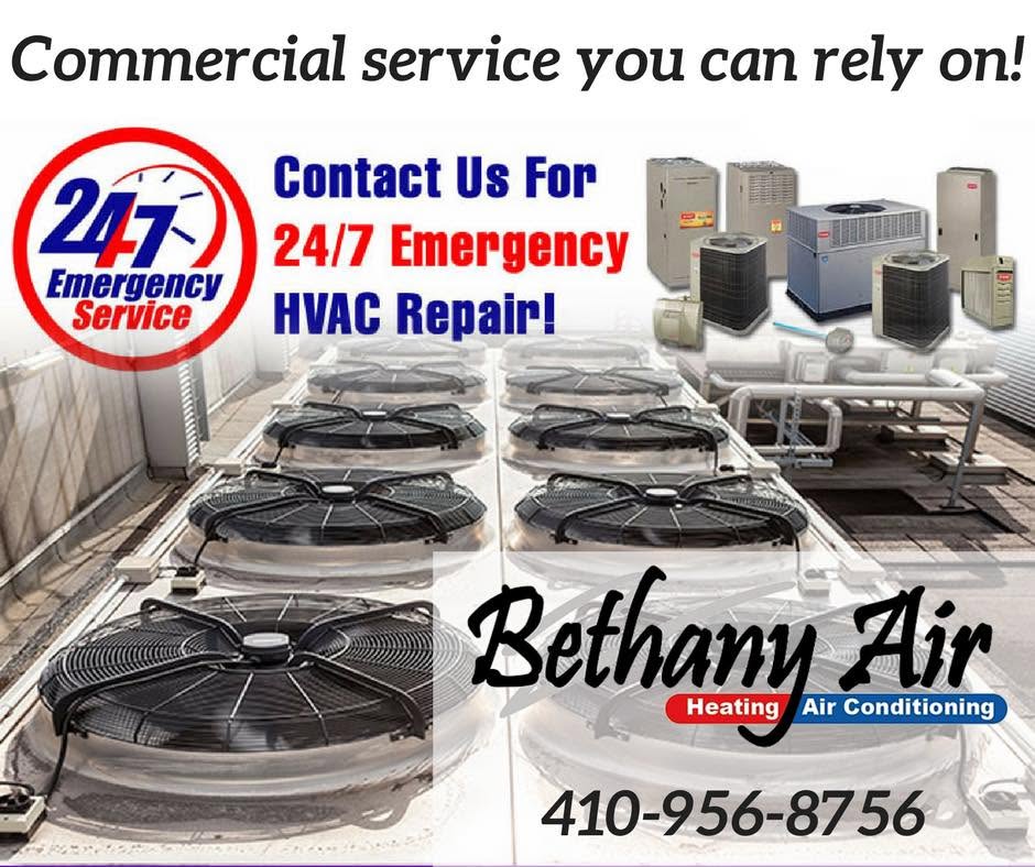Promotional graphic for Bethany Air in Chester, MD, advertising 24/7 emergency commercial HVAC repair, featuring row rooftop cooling fans and various air conditioning unit models.