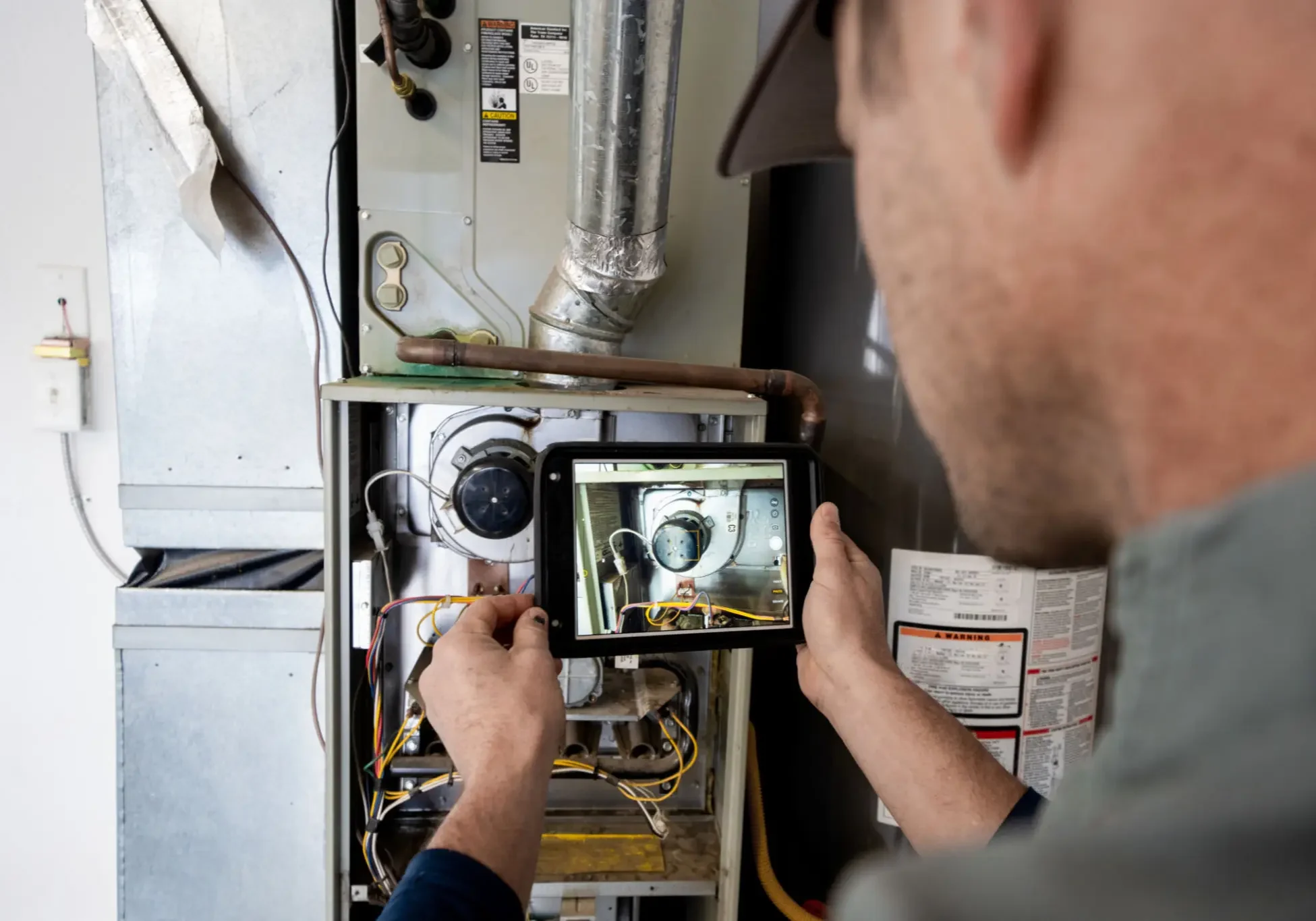 Technician inspecting a furnace using a tablet for diagnostics.