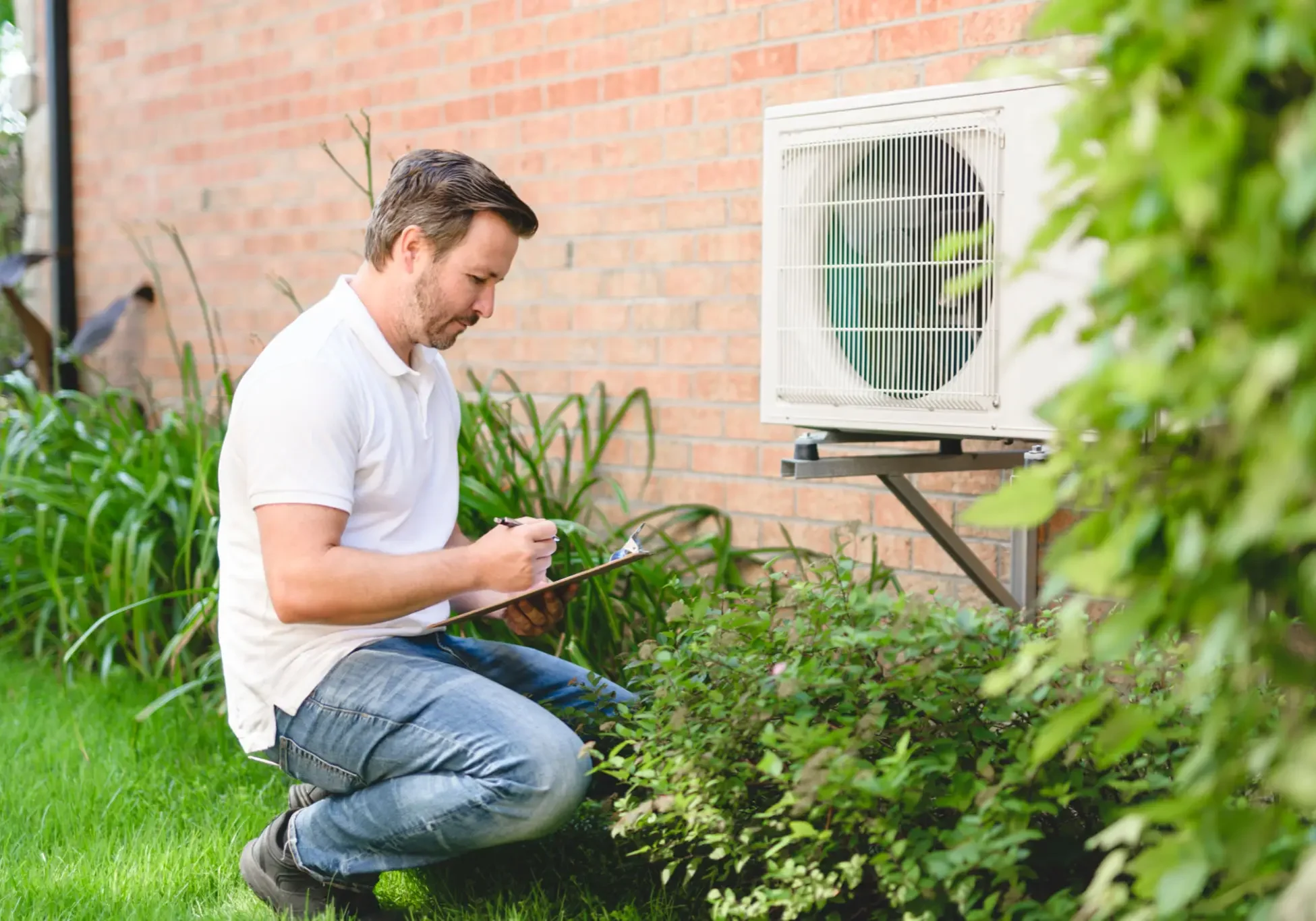 Man inspecting plants near an outdoor air conditioning unit.